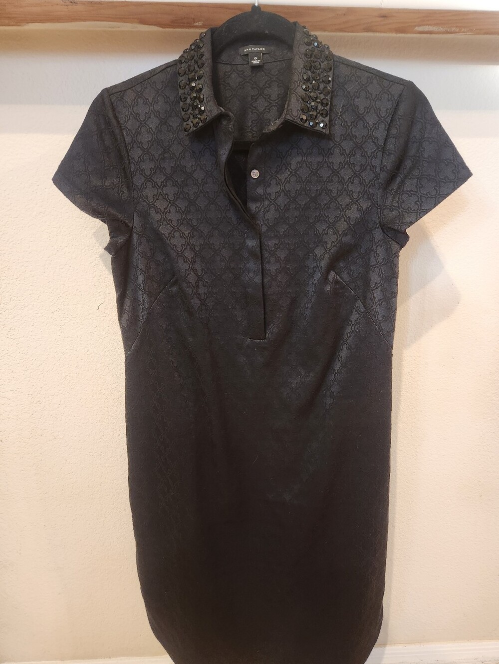 Ann Taylor Black Jeweled-Collar Jacquard Accent Shimmering Mini Dress